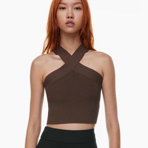 Aritzia Babaton Sculpt Knit Criss Cross Cropped Tank in rich mocha brown